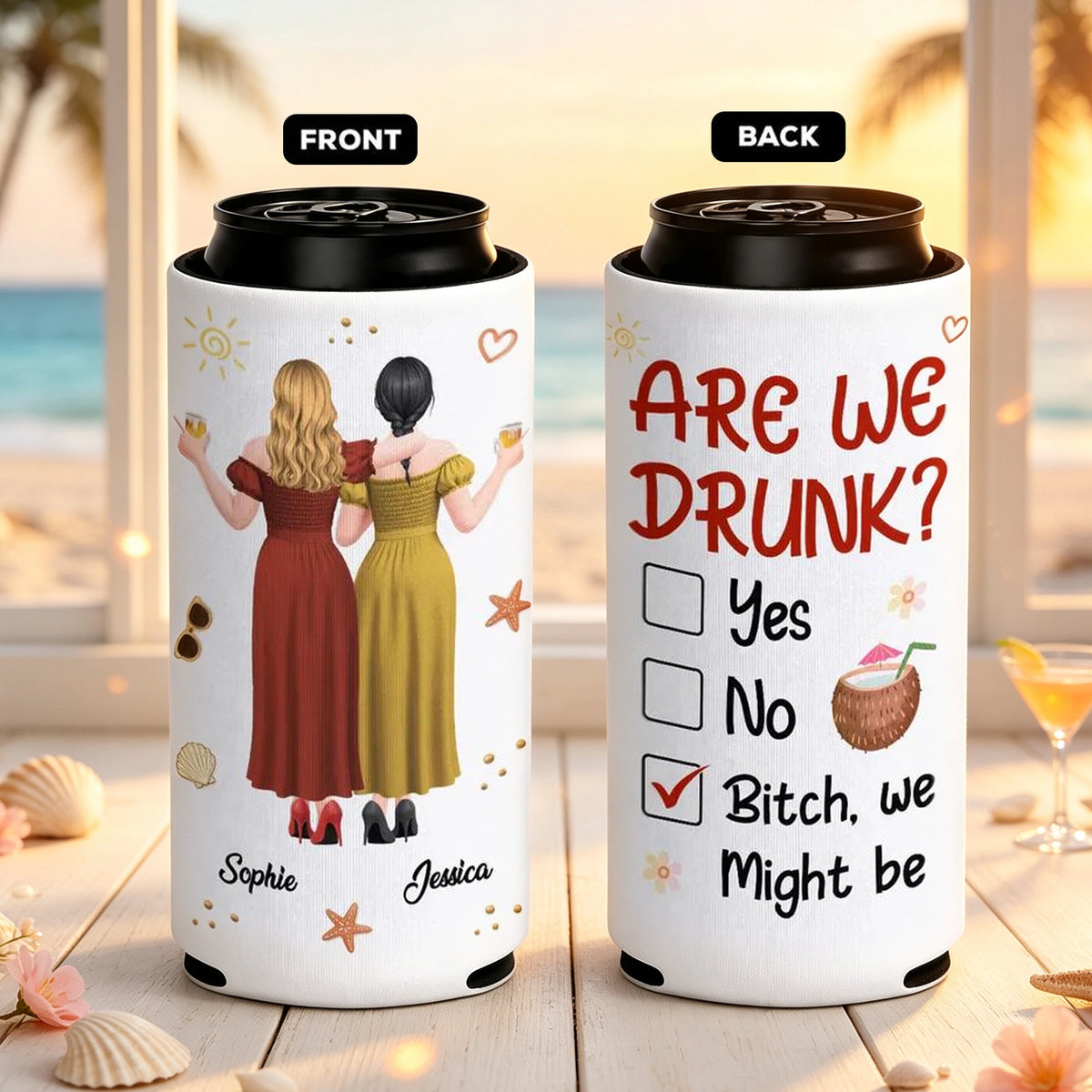 Personalized Can Cooler, Arm In Arm Friends With Drinks, Beach Party Style Unique Gift