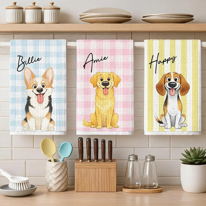 Personalized Kitchen Towel with Sitting Dog Illustration, Cheerful Decor, Creative Gift for Pet Owners