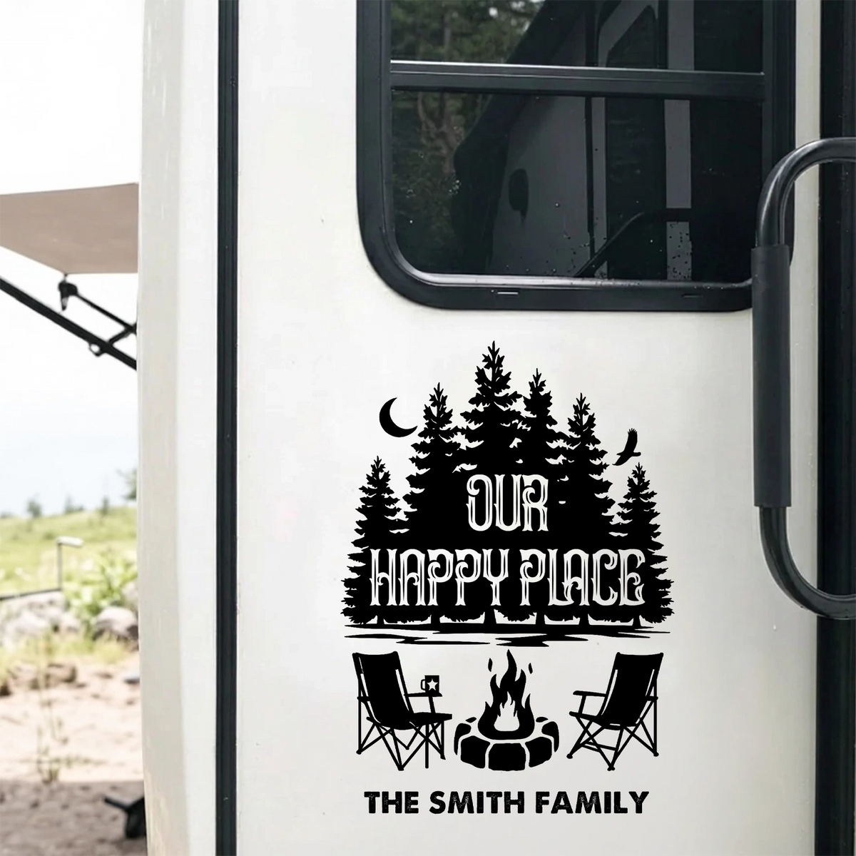 Personalized Sticker Decal, Our Happy Place RV Campfire Design, Unique Gift for Campers & Family