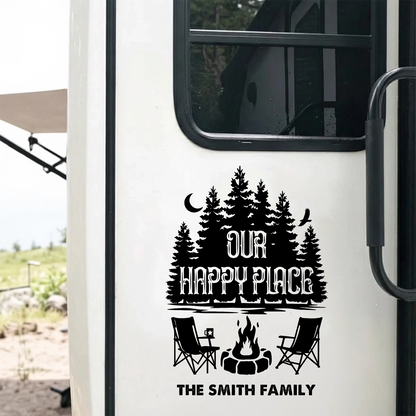 Personalized Sticker Decal, Our Happy Place RV Campfire Design, Unique Gift for Campers & Family