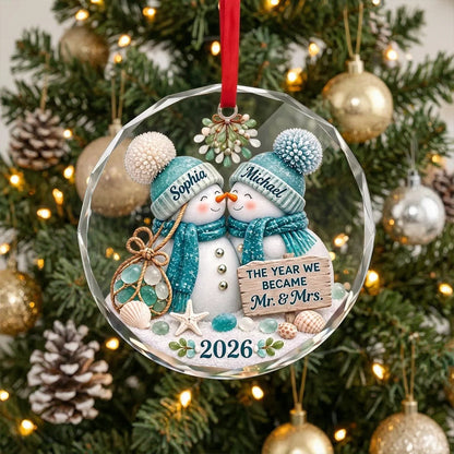 Personalized Crystal Ornament, Snowman Couple Leaning Together by the Seaside, Unique Wedding & Anniversary Gift