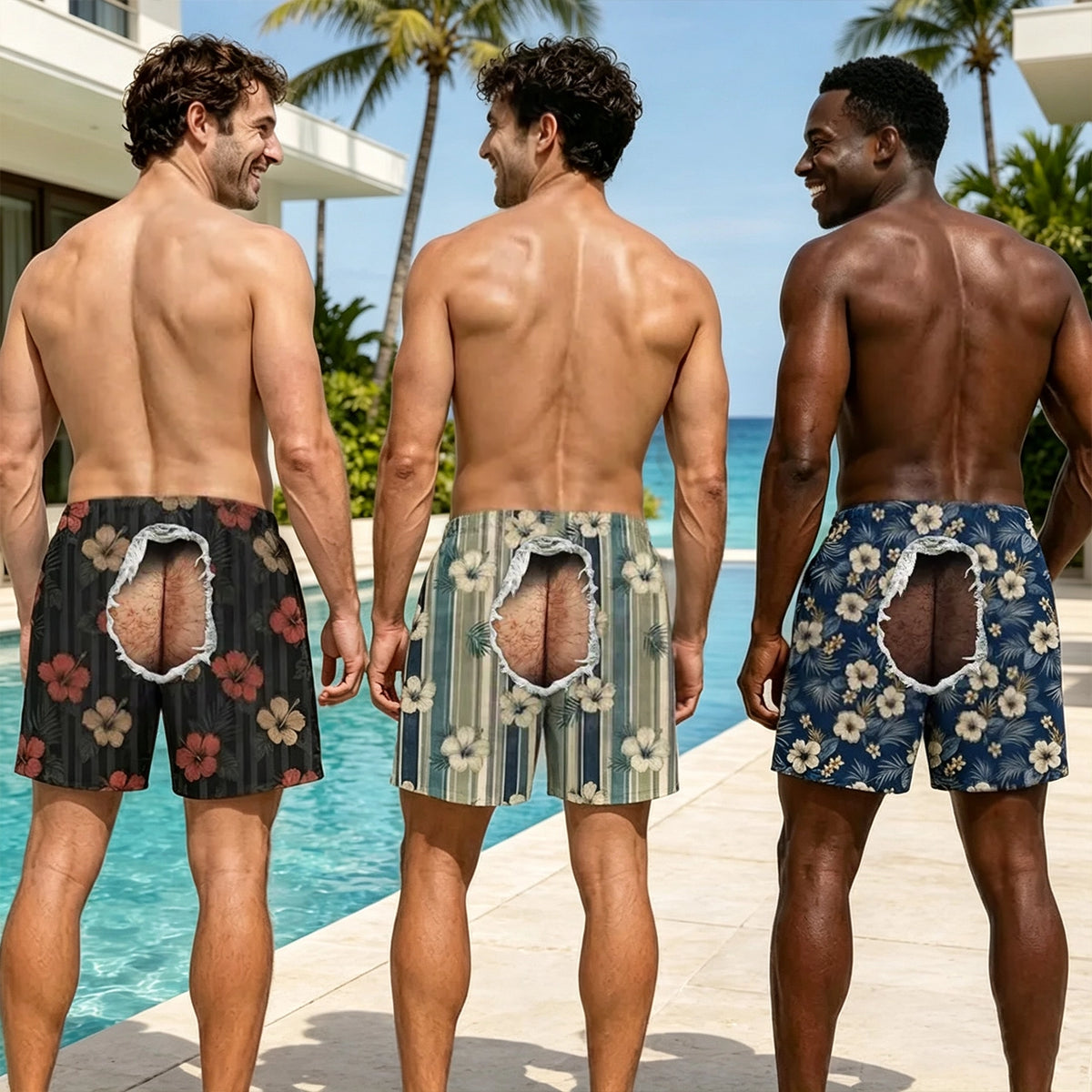 Men's Beach Shorts with Custom Tropical Butt Crack Design, Creative Gift for Guys & Matching Friends