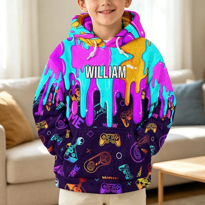Personalized Youth Printed Hoodie, Colorful Gaming Art for Young Gamers, Unique Gift for a Son
