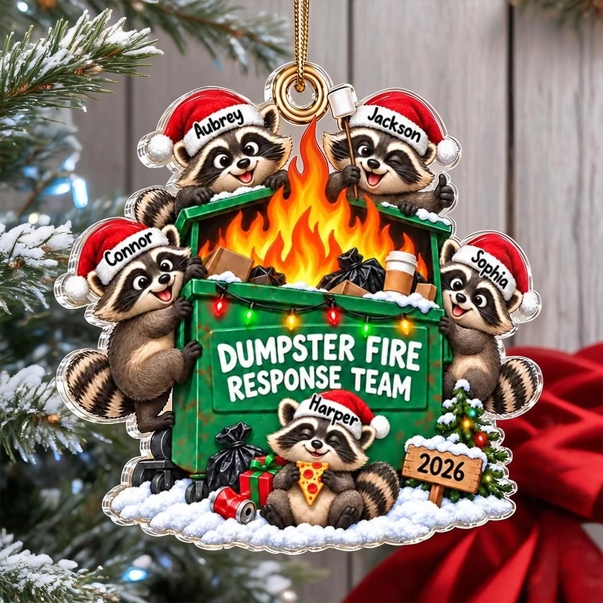 Personalized Acrylic Ornament, Funny Raccoons Around a Dumpster Fire, Snowy Christmas Decor, Unique Coworker Gift