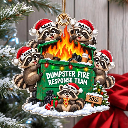Personalized Acrylic Ornament, Funny Raccoons Around a Dumpster Fire, Snowy Christmas Decor, Unique Coworker Gift