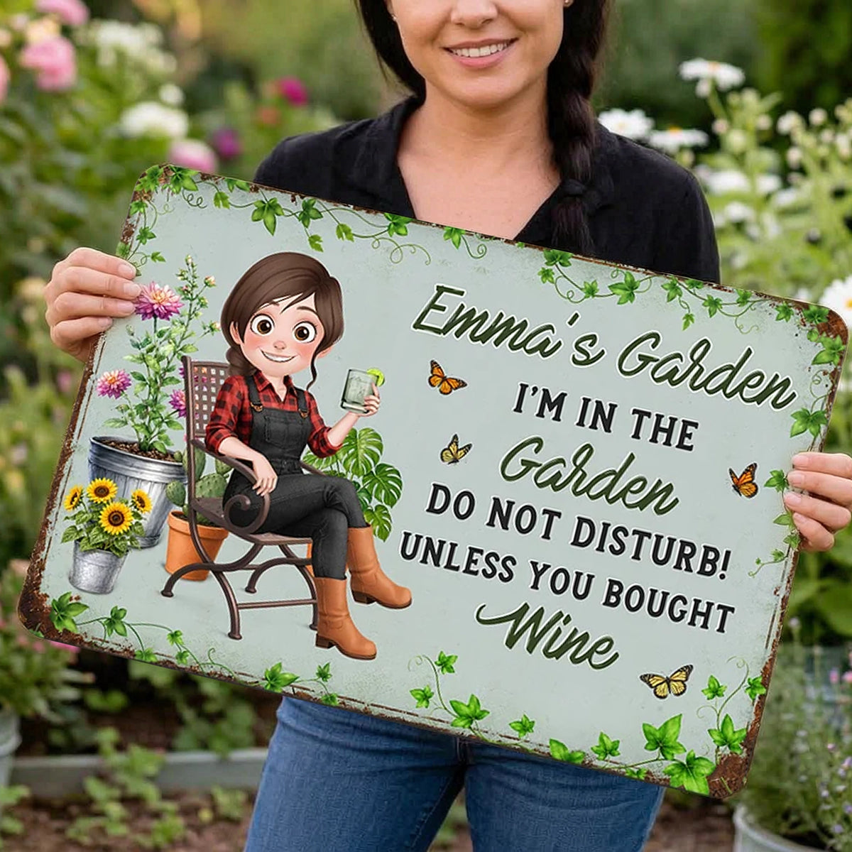 Personalized Rectangular Iron Sign, Relaxing Woman in a Leafy Garden, Unique Gift for Gardeners