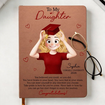 To My Daughter Graduation Leather Journal, Personalized Congrats Message with Heart Accents, Meaningful Unique Gift for Her