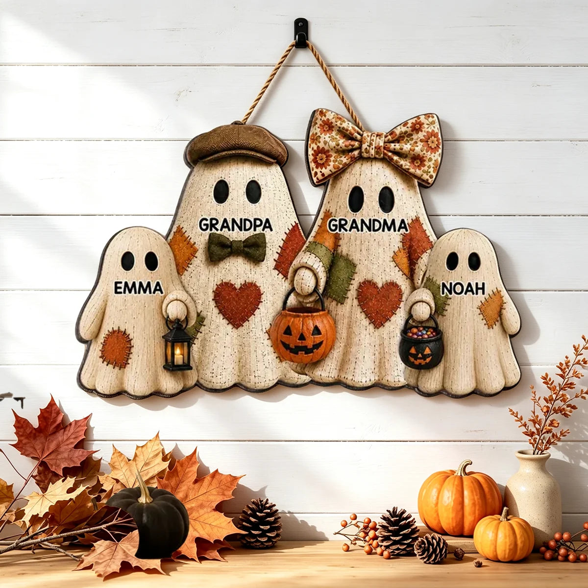 Personalized Halloween Wooden Sign, Ghost Family Holding Treat Pails, Unique Gift for Grandma and Grandpa