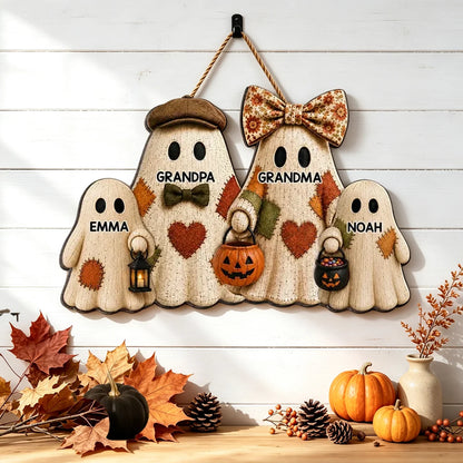 Personalized Halloween Wooden Sign, Ghost Family Holding Treat Pails, Unique Gift for Grandma and Grandpa