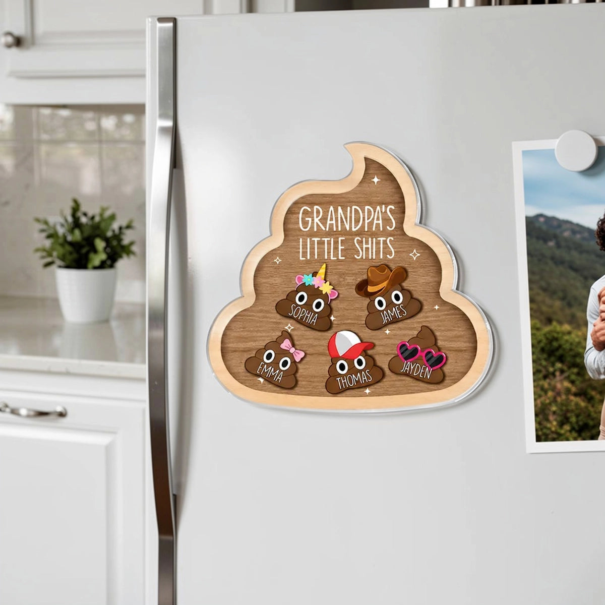 Personalized Acrylic Fridge Magnet With Cute Cartoon Poop Characters, Unique Gift For Grandpa's Kitchen Laughs