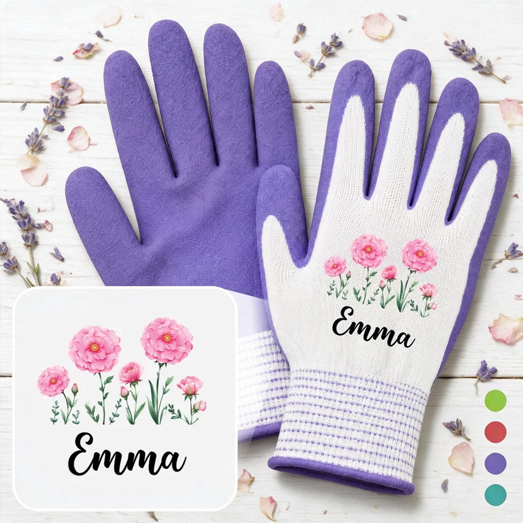 Personalized Nylonic Gloves with Pink Floral Design, Unique Gardening Gift for Her
