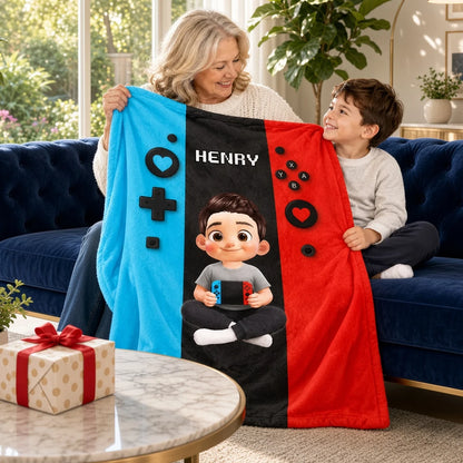 Personalized Fleece Blanket, Young Gamer Holding a Console, Heartfelt Creative Gift for Sons and Grandsons