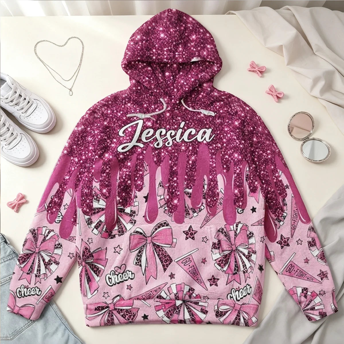 Personalized Youth Printed Flannel Hoodie, Pink Glitter Cheer Design, Unique Gift for Young Cheerleaders