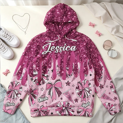 Personalized Youth Printed Flannel Hoodie, Pink Glitter Cheer Design, Unique Gift for Young Cheerleaders