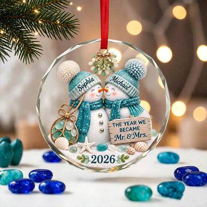 Personalized Crystal Ornament, Snowman Couple Leaning Together by the Seaside, Unique Wedding & Anniversary Gift