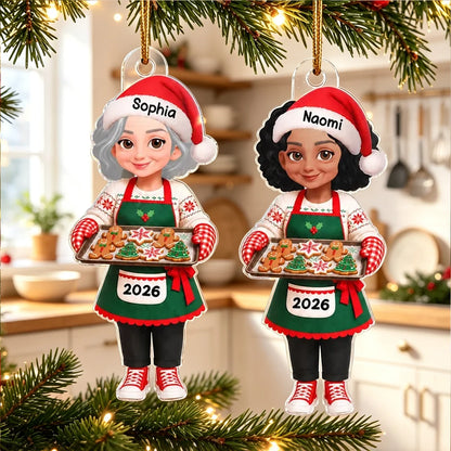 Personalized Acrylic Ornament, Festive Baking Grandma Holding Cookies, Unique Christmas Gift for Grandma