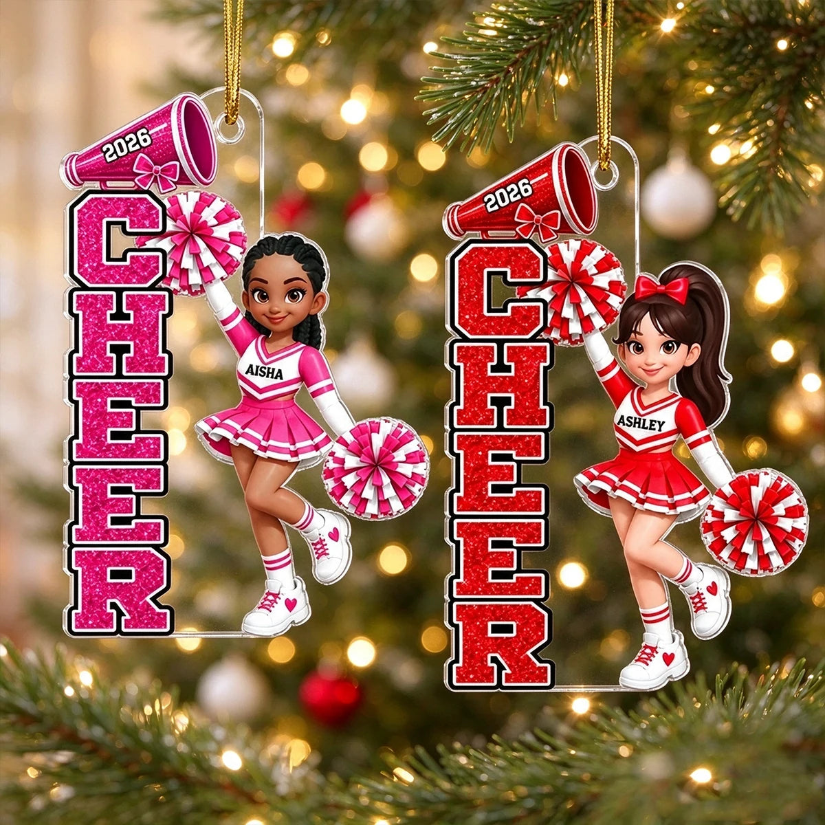 Custom Acrylic Ornament, Cheerleader with Raised Pom-Poms, Red & Pink Christmas Tree Decor, Creative Gift for Cheerleaders