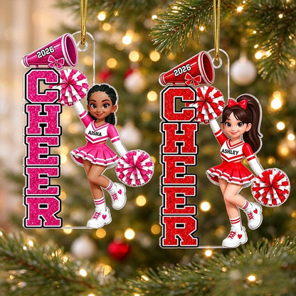 Custom Acrylic Ornament, Cheerleader with Raised Pom-Poms, Red & Pink Christmas Tree Decor, Creative Gift for Cheerleaders