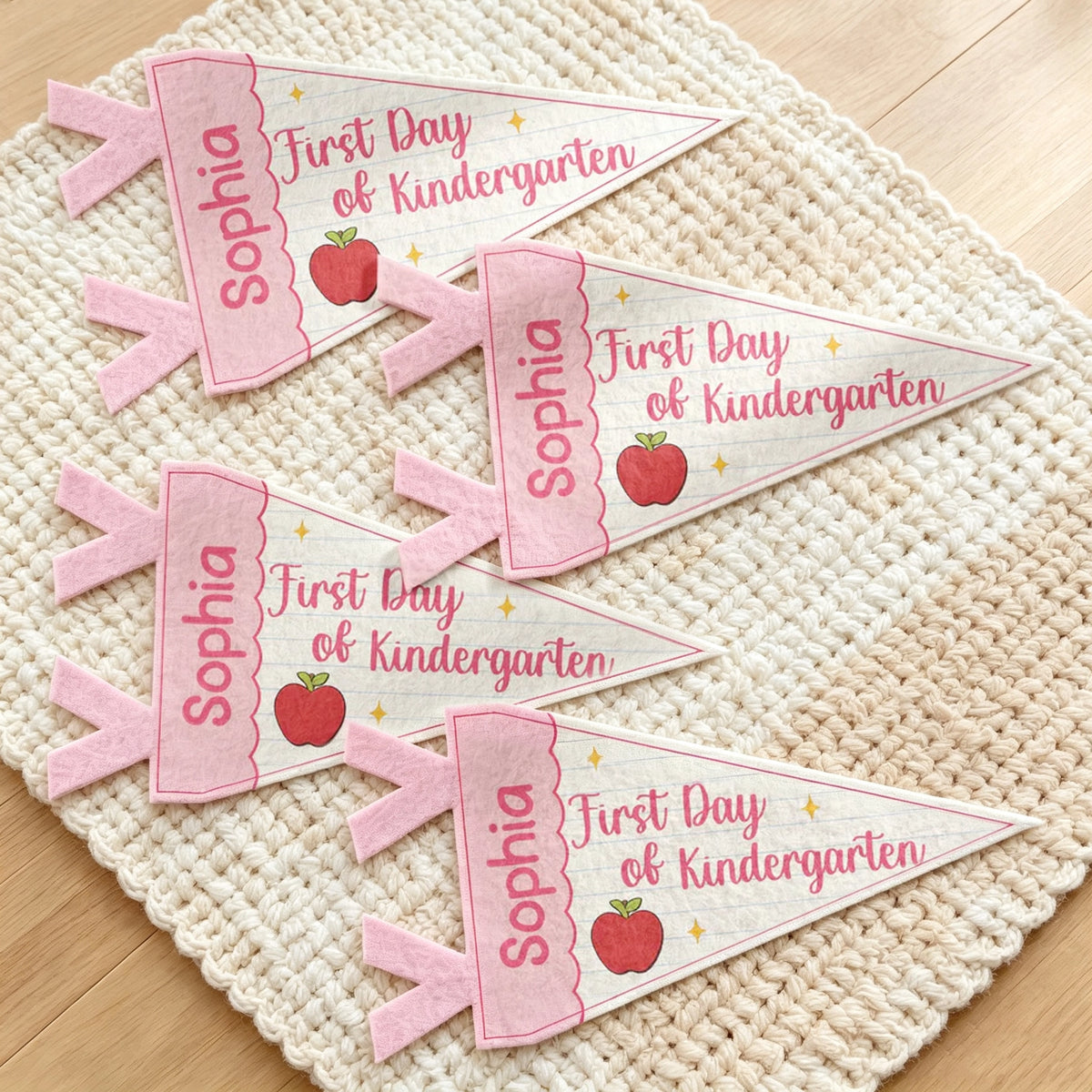 Custom Felt Pennant with First Day of Kindergarten, Pink Apple Lined Paper Unique Creative Gift