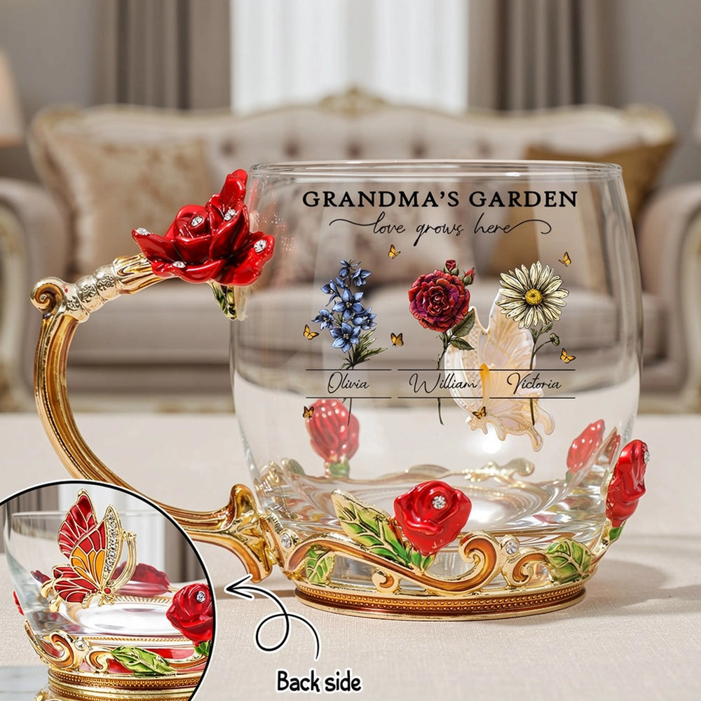 Personalized Grandma's Garden Enamel Flower Tea Cup with Custom Birth Month Flowers, Vintage-Inspired Unique Gift for Grandma