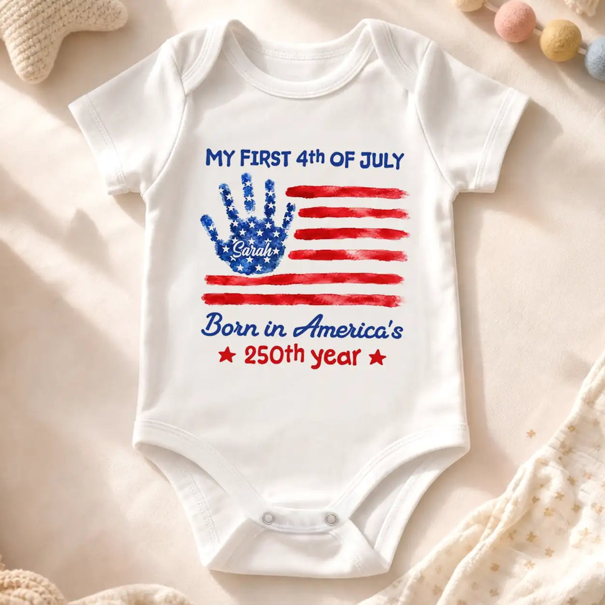 Personalized Short Sleeve Baby Onesie, My First 4th of July Handprint Flag, Unique Baby Gift