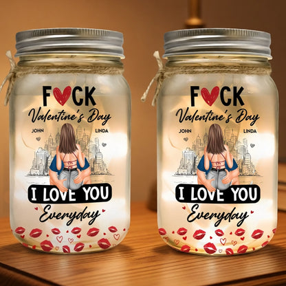 Personalized Glass Mason Jar Light With Cheeky Love Quote, City Skyline Hugging Couple Back View, Unique Gift For Couples