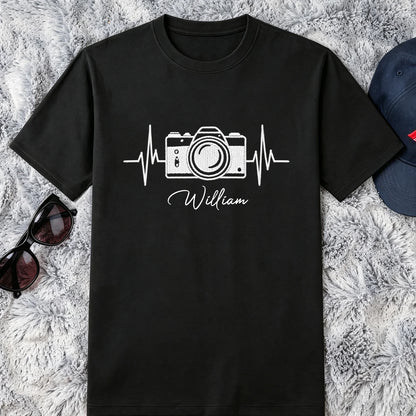 Personalized Classic Tee with Monochrome Camera Heartbeat Design, Unique Gift for Photographers