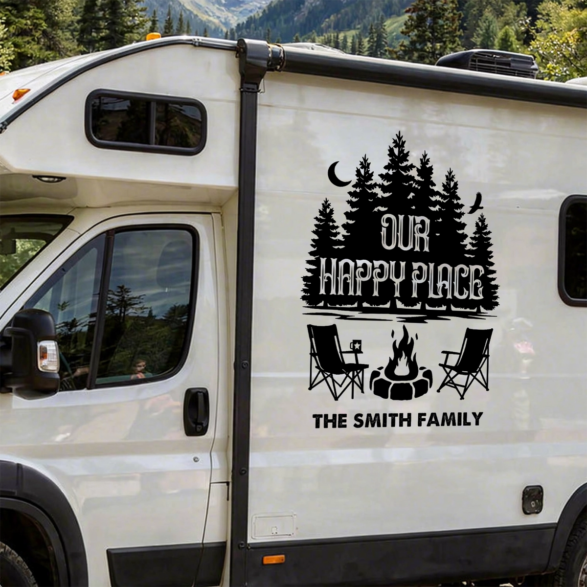Personalized Sticker Decal, Our Happy Place RV Campfire Design, Unique Gift for Campers & Family