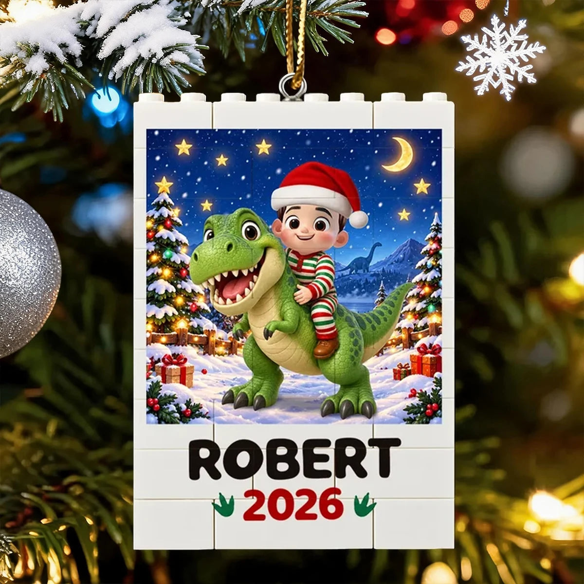 Personalized Building Block Ornament, Child Riding a Dinosaur in a Snowy Christmas Scene, Unique Gift for Grandkids