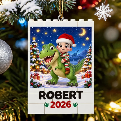 Personalized Building Block Ornament, Child Riding a Dinosaur in a Snowy Christmas Scene, Unique Gift for Grandkids