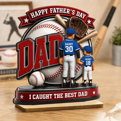 Personalized Baseball Dad 2-Layer Wooden Plaque, Holding Hands Scene, Unique Gift for Dad