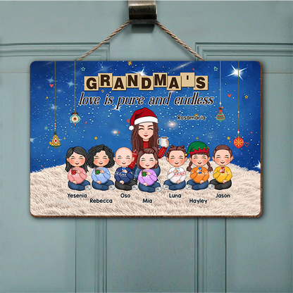 Grandma & Grandkid Sitting On Heart Pattern Moon - Personalized Poster or Canvas or Ornament or Plaque or Keychain