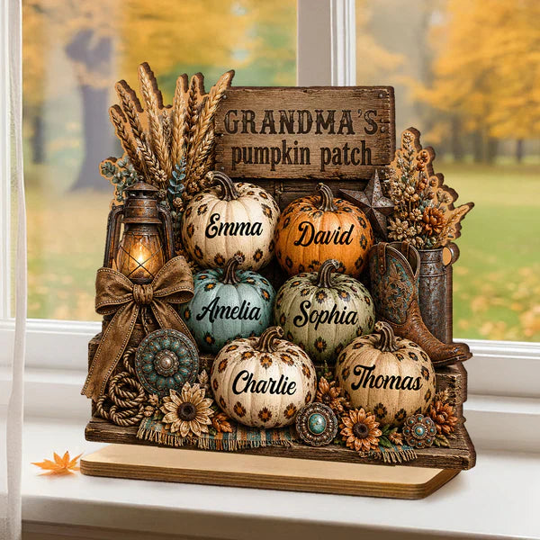 Personalized 2-Layer Wooden Plaque, Grandma's Leopard Pumpkin Patch Fall Decor, Unique Gift for Grandma