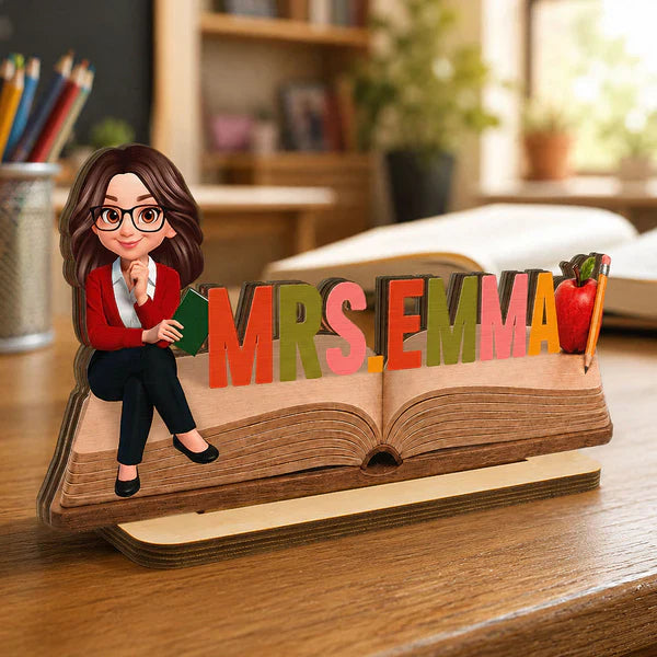 Personalized 2-Layer Wooden Plaque, Open Book Teacher Name Sign, Unique Classroom Desk Gift