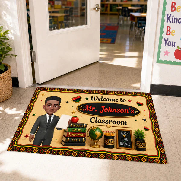Personalized Teacher Doormat, Illustrated Teacher Holding A Book, Unique Classroom Gift For Educator