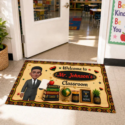 Personalized Teacher Doormat, Illustrated Teacher Holding A Book, Unique Classroom Gift For Educator