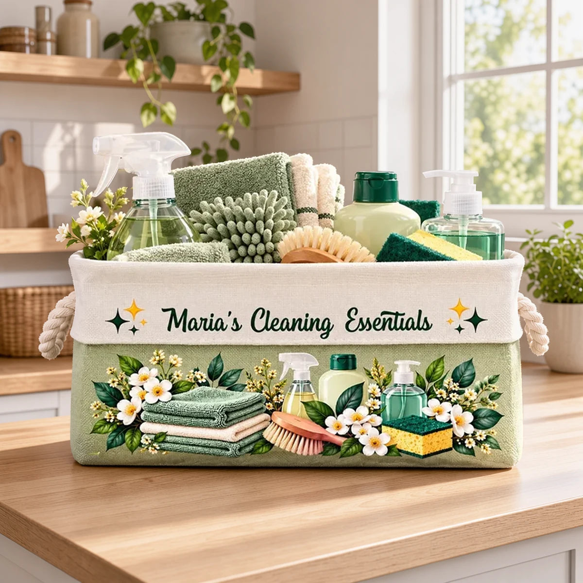 Personalized Rope Basket with Floral Cleaning Design for a Sunlit Home, Unique Gift for Organizers