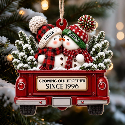 Personalized Wooden Ornament, Cuddling Snowman Couple in Red Truck, Unique Christmas Gift for Couples