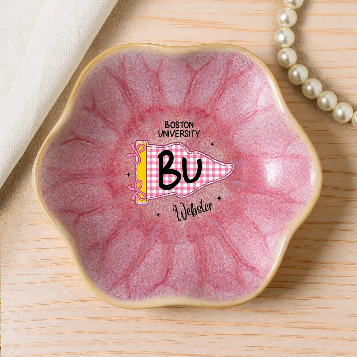 Custom School Pennant Wavy Ceramic Jewelry Dish, Personalized Pink Gingham Unique Gift for College Students