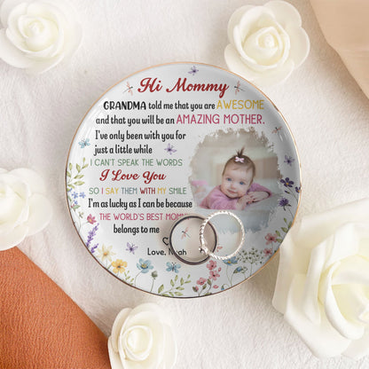 Hi Mommy Round Jewelry Dish, Personalized Baby Photo Keepsake, Heartwarming Jewelry Storage, Thoughtful Gift for New Mom