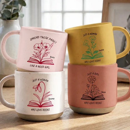 Personalized Pottery Mug with Floral Open Book Art, Earthy Reader Cup, Unique Creative Gift for Women