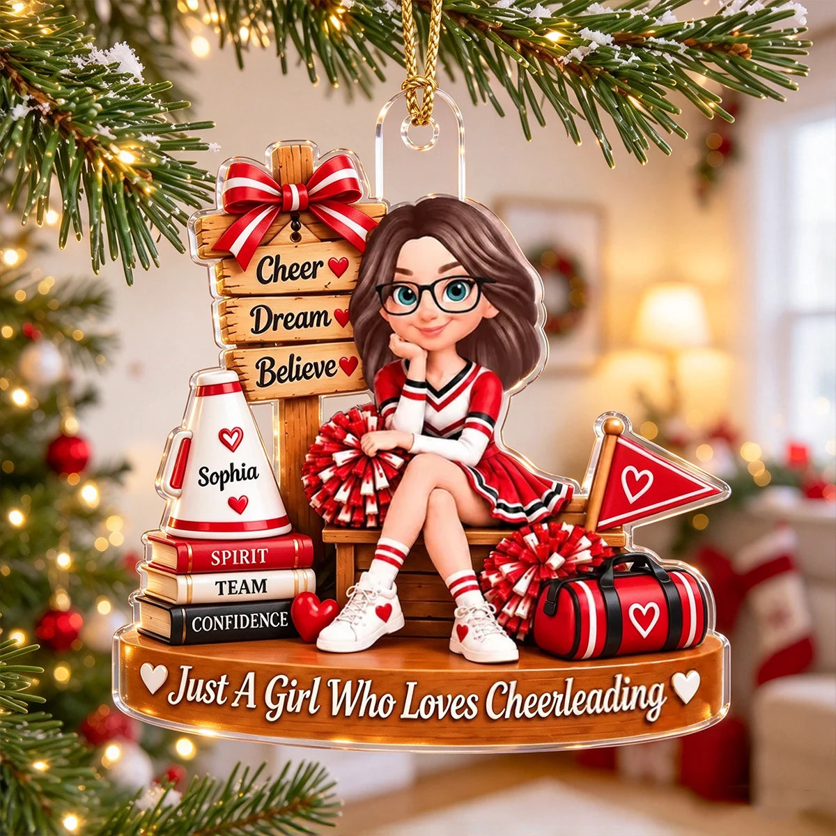 Personalized Acrylic Ornament, Seated Cheerleader with Pom-Poms, Unique Christmas Gift for Daughter