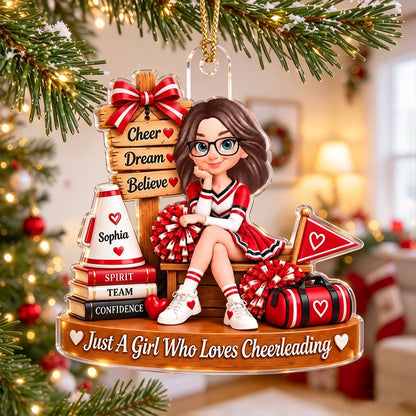 Personalized Acrylic Ornament, Seated Cheerleader with Pom-Poms, Unique Christmas Gift for Daughter