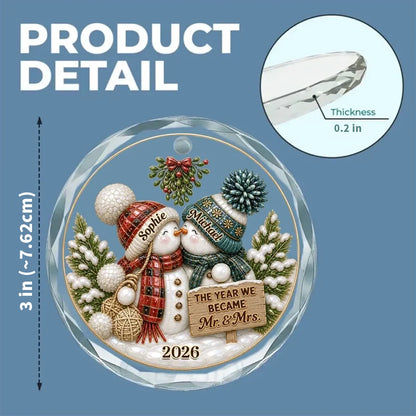 Crystal Ornament, Red & Teal Kissing Snowmen in a Winter Scene, Creative Anniversary Gift for Couples