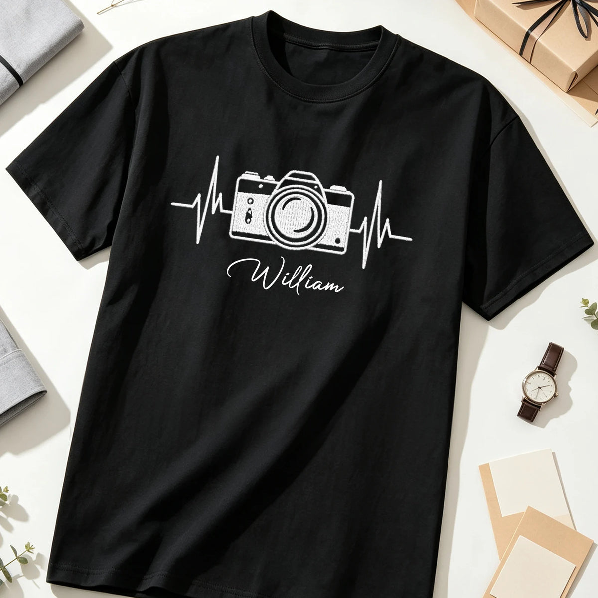 Personalized Classic Tee with Monochrome Camera Heartbeat Design, Unique Gift for Photographers