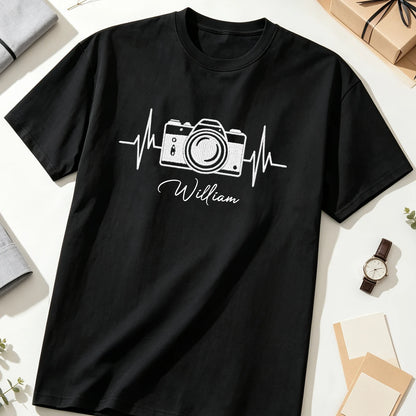 Personalized Classic Tee with Monochrome Camera Heartbeat Design, Unique Gift for Photographers
