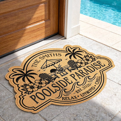 Personalized Shaped Doormat, Poolside Paradise Design, Unique Gift for Family Patio & Summer Vacation