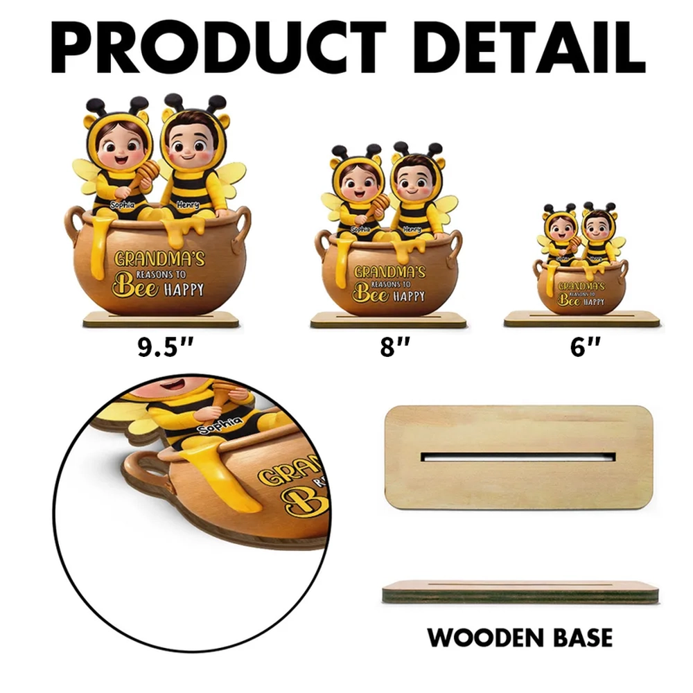 Personalized 2-Layer Wooden Plaque Grandma's Reasons to Bee Happy - Cute Cartoon Kids in Honey Pot, Unique Gift for Grandma