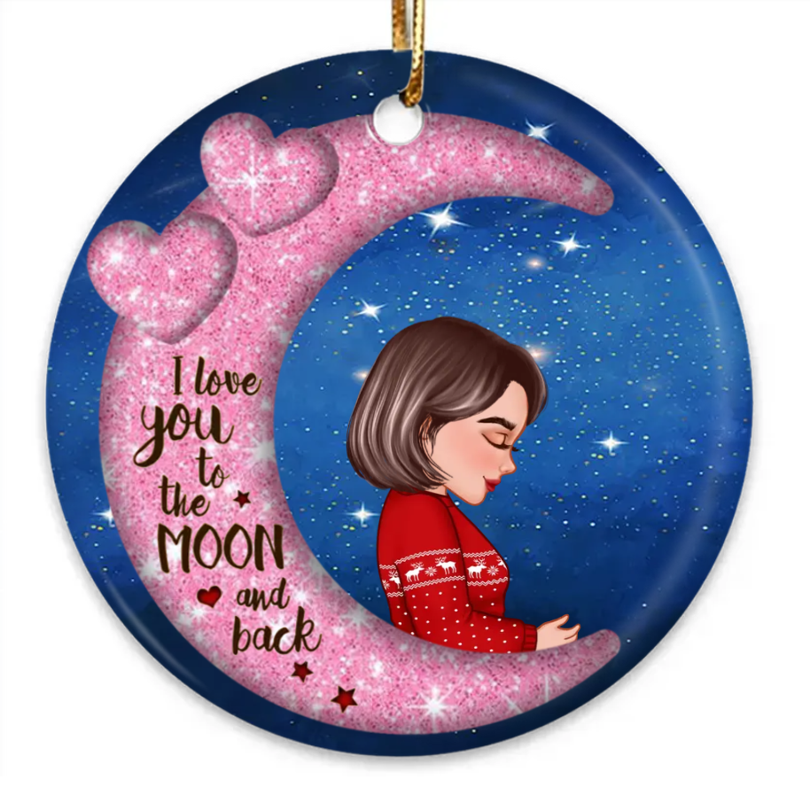 Grandma Mom Hugging GrandKid Kid On Heart Pattern Moon - Personalized Wooden Ornament - Gift For Granddaughter Grandson