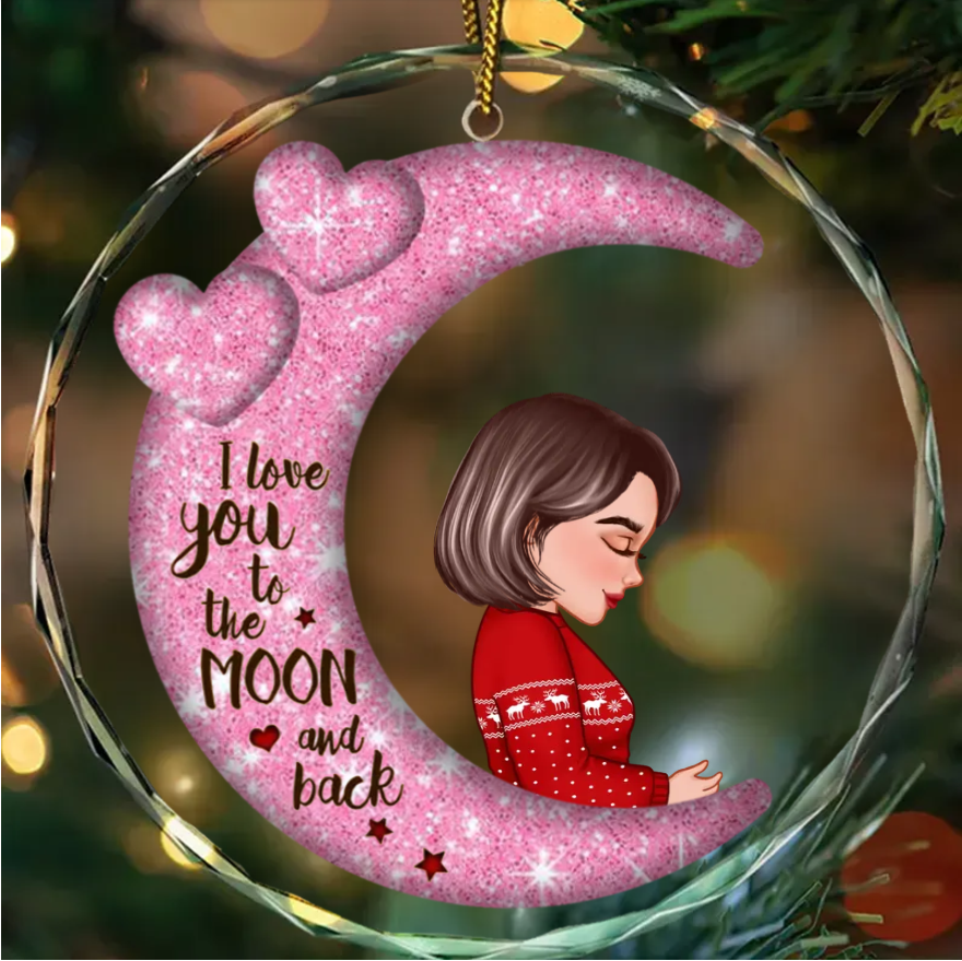 Grandma Mom Hugging GrandKid Kid On Heart Pattern Moon - Personalized Wooden Ornament - Gift For Granddaughter Grandson